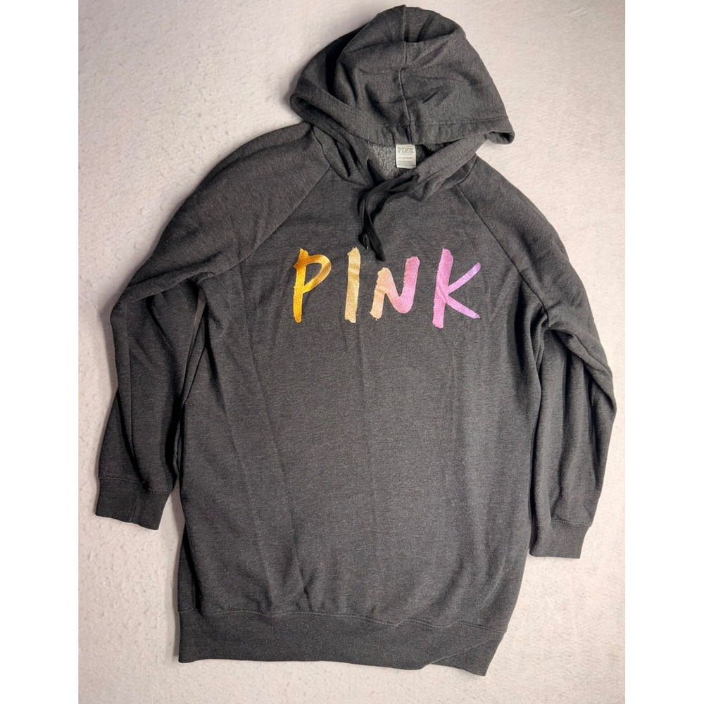 Victoria's Secret PINK Hoodie Charcoal Gray Foil Logo Tunic Sweatshirt Small